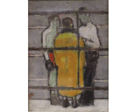 SAM RABIN "Shake hands and come out fighting", study of two boxers and referee in ring, oil on board, initialled lower left, 