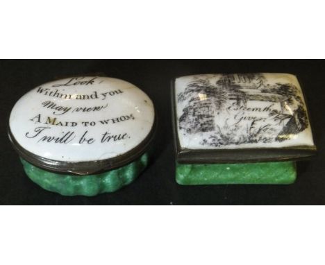 A late 18th Century Bilston enamel patch box of waisted form, the dome top printed in black with scene of a monument with fol