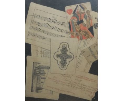 19TH CENTURY ENGLISH SCHOOL "Scattered playing cards, musical notation, bank notes, etc", two studies, trompe l'oeil watercol