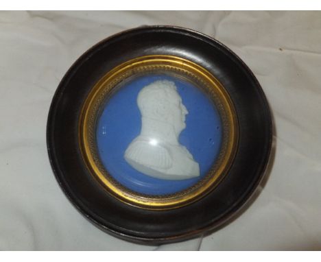 J THOMASON (fl 1786-1800) "Young lady in dress facing right", portrait on plaster, 8.5 cm x 6.5 cm, together with a Jasperwar