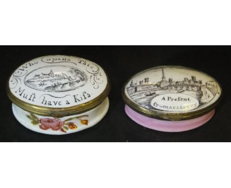 A late 18th Century Bilston enamel patch box of oval form, the lid with black print inscribed "Who opens this must have a kis