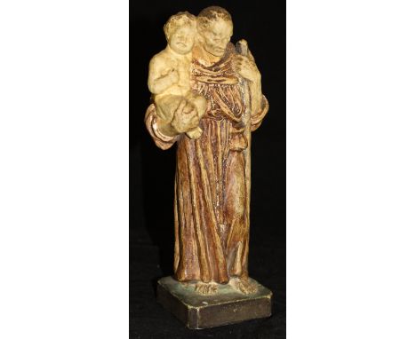 A rare Compton Pottery figure group of St. Christopher with child and staff, on a plinth base, bearing studio stamp, 21.5 cm 