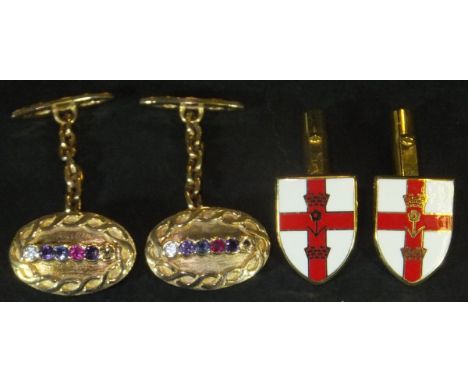 A pair of 9ct gold multi stone and rope twist decorated oval cufflinks, 6.7g overall, and a pair of 9ct gold and enamel decor