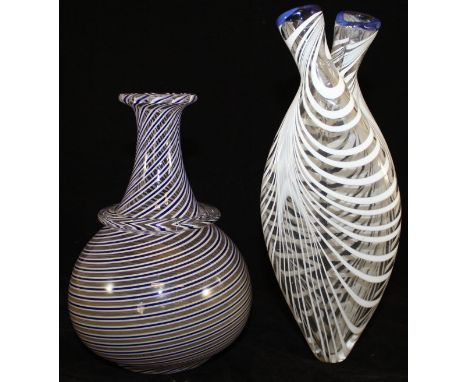 A Nailsea white enamel decorated clear glass double sided oil / vinegar bottle with blue rim, 24 cm high, together with a Nai