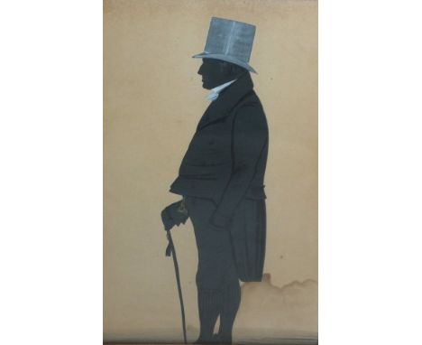 19TH CENTURY ENGLISH SCHOOL "Gentleman in grey top hat and tail coat holding a walking cane", cut out silhouette portrait stu