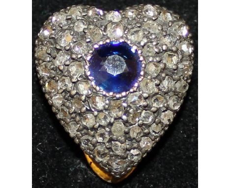 A late Victorian yellow metal mounted diamond and sapphire love heart shaped collar clip, approx 1.7 cm long CONDITION REPORT