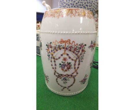 A 19th Century famille-rose cylindrical vase with flared rim and slightly tapered base, decorated with panels of vases of flo