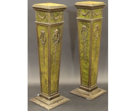 A pair of Adam style green painted simulated marble urn stands with square Sienna marble top, raised on a four sided tapering