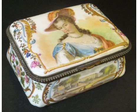 A late 18th Century Continental enamel decorated box of rectangular waisted form, the lid depicting a lady in 18th Century dr