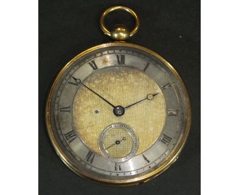 A gold cased open face pocket watch with silvered dial and Roman numerals enclosing a subsidiary seconds dials, inscribed to 
