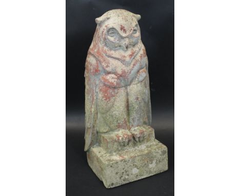 A rare Compton Pottery figure of an owl upon a plinth base, bears stamp to underside "Compton Pottery Guildford", 52 cm high 