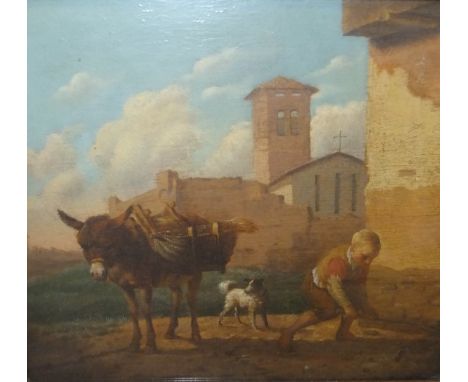 SCHOOL OF KAREL DU JARDIN (1621-1678) "Boy with laden donkey and dog before city walls", oil on panel, indistinctly signed lo