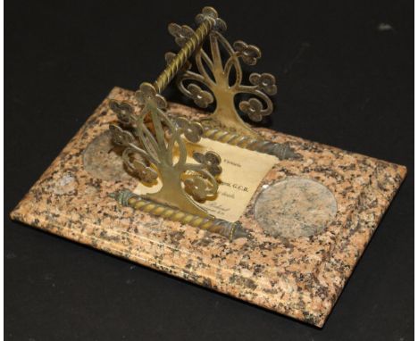 A marble based desk stand with white metal mounts bearing card inscribed "Presented by H M Queen Victoria to Admiral HRH The 