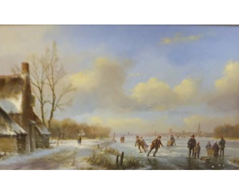 ALBERT HENKELMAN (20TH CENTURY) "Dutch ice skaters on frozen lake", oil on panel, signed lower right, together with another "