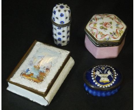 A late 18th Century Bilston enamel oval patch box of waisted form, the top set with enamelled and gilt decoration of birds on