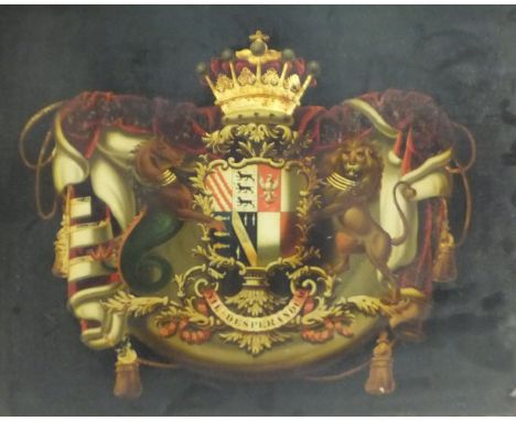 IN THE MANNER OF C H LITTLEBOY (19TH CENTURY) "Heraldic crest featuring hippocamp and lion, surmounted by a crown, with motto