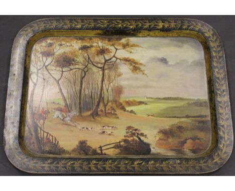 A Victorian papier-mache tray of rectangular form, the centre field decorated with fox hunting scene within a bamboo decorate