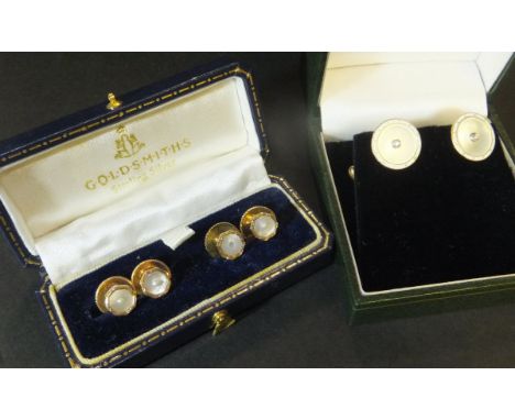 A pair of gentleman's 14ct gold, mother of pearl, white enamel and diamond set cufflinks, 6.6g overall, together with a simil
