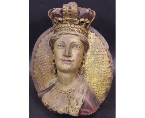 A 19th Century Continental carved and painted oval portrait bust plaque of a crowned Queen, 39 cm x 29.3 cm