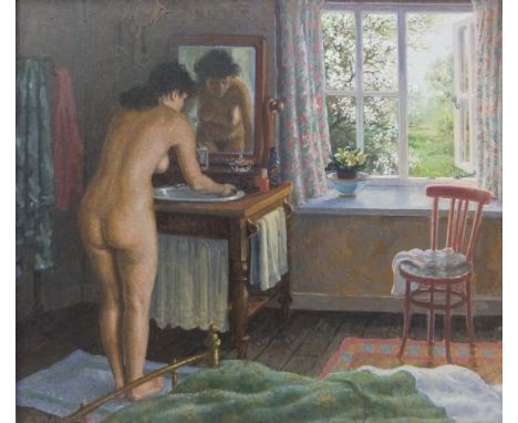 STEPHEN DARBISHIRE (1940-) "Naomi washing", nude study of lady by wash stand, oil on panel, signed lower left, with Richard H