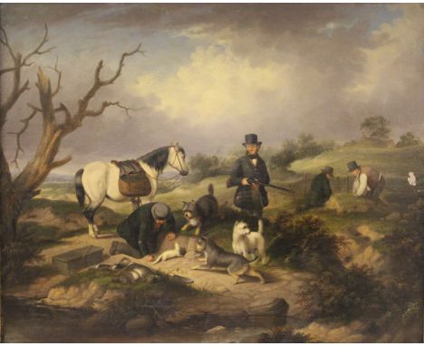 ATTRIBUTED TO GEORGE ARMFIELD (1808-1893) "Ferreting for rabbits", study of sending ferret down a rabbit hole with three terr