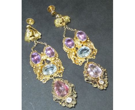 A pair of 19th Century gold and stone set earrings in the Continental taste, each approx 6.4 cm long CONDITION REPORTS Some l