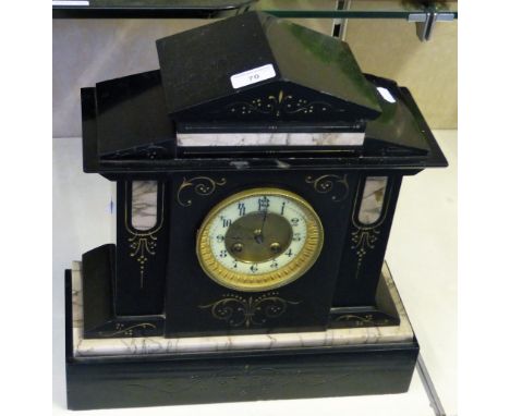A Victorian architectural style slate and marble mantle clock