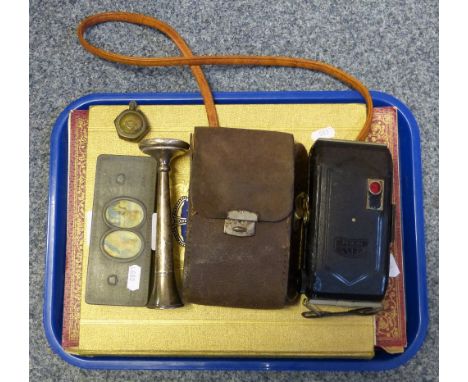 A Zeiss camera with case, a trench art lighter, a silver spill vase, a 1935 silver jubilee tin and two commemorative books (6
