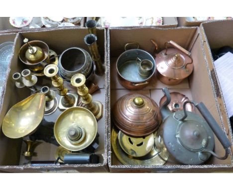 Copper and brassware including kettles, bed warmer, plaques, candlesticks, spill vases, a set of kitchen scales with weights,