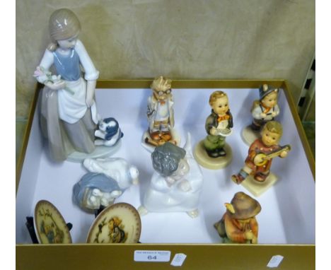 Five Hummel figures together with two Hummel miniature plates, a Lladro angel and Lladro duck with ducklings and a Nao figure