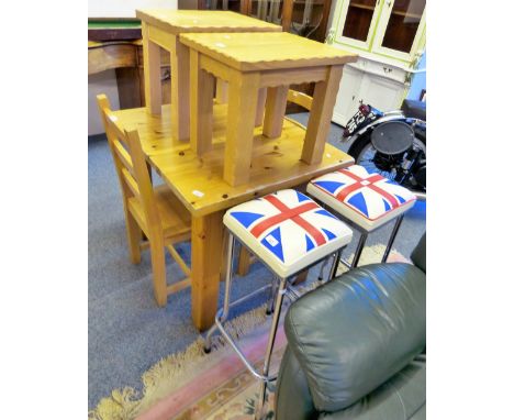 A modern stripped pine kitchen table, 92cm wide, a pair of beech ladder back kitchen chairs, two oak finish graduated occasio