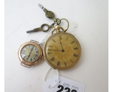 An 18ct gold cased ladies open faced key-wound pocket watch, engraved dial with black enamel Roman numerals (with two keys), 