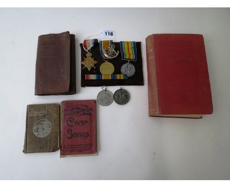 WW1 1914-15 Star, three medal campaign group with ribbons, ribbon bar and King Shropshire Light Infantry cap badge, named to 