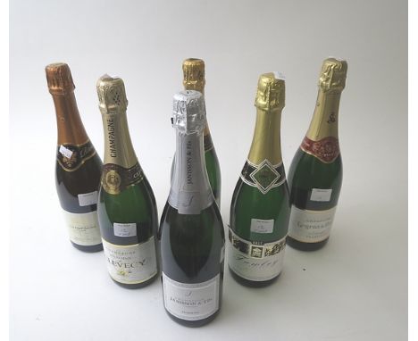 Five mixed bottles of Champagne to include Janisson & Fils, and a bottle of Fawley Sparkling Wine