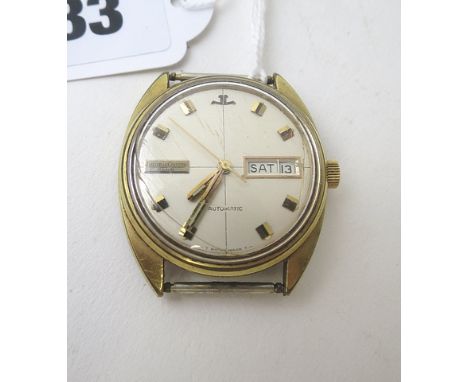 A gents gold plated Jaeger Lecoultre Club, day, date wrist watch circa 1870 having a cross hair dial with black inlaid gilt b