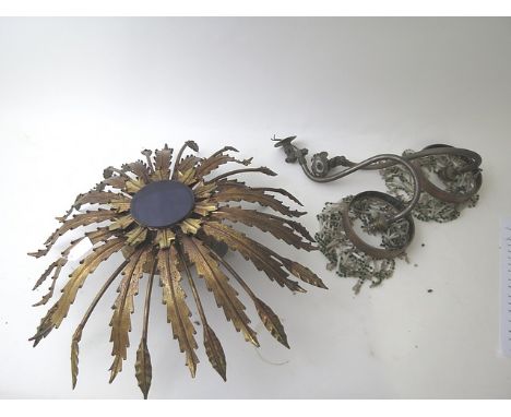 Early to mid 20th century gilt metal ceiling light with leaf design and a pair of copperized brass wall lights with green and