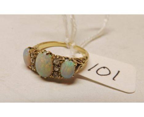 18ct gold three stone opal and diamond ring approx size 'K'  