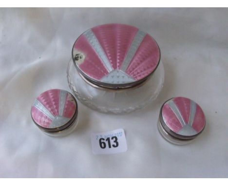 Group of three art decorative style sliver enamel clock jars and glass bodies Birm 1930      