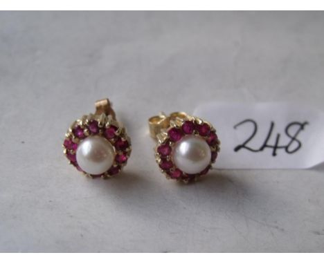 Pair 9ct pearl and ruby cluster earrings    