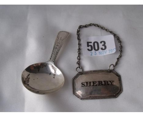 Georgian bright cut caddy spoon 1801 also a metal bottle  ticket          