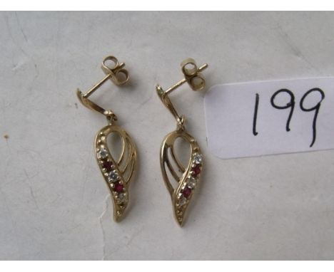  Pair of 9ct ruby and diamond leaf style earrings   