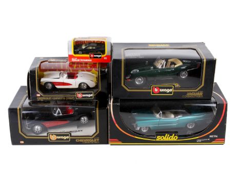 Four Burago model cars and one other. Including 1524 Chevrolet Corvette (1957), 3034 Chevrolet, 3026 Jaguar, 4157 Ferrar Test