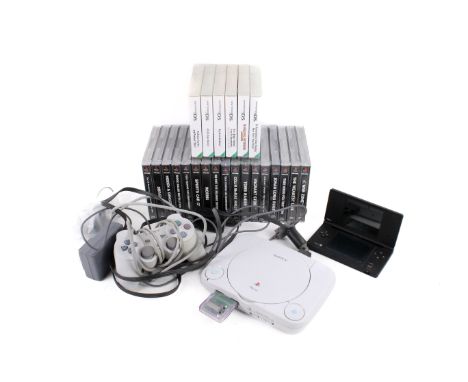 Two games consoles and games. Comprising A Playstation console with power socket and controller, the boxed Playstation games 