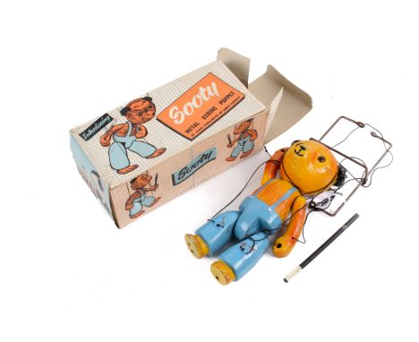 A Luntoy hollow-cast lead Sooty Metal String Puppet. Circa 1950s, painted with jointed neck, shoulders and hips, magic wand a