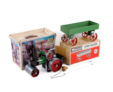 A Mamod Steam Roller SR1a, and an open wagon. Both in original box, the first L23cm. 