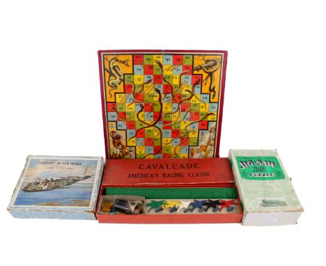 An assortment of vintage puzzles and games. Comprising a Selchow & Righter Co. Cavalcade America's Racing Classic, No. 28B, a