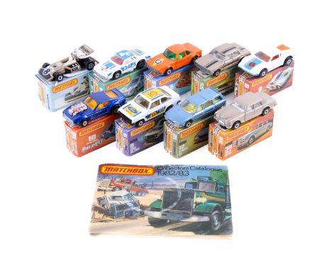 Nine boxed Matchbox Superfast diecast cars. Comprising MB-12 Citroen CX, MB-8 De Tomaso Pantera, MB-9 Ford RS.2000, MB-10 Pis