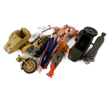 A collection of unboxed vintage Action Man toys. Including a Cherilea vehicle, motorbike and side-car, five figures, and a la