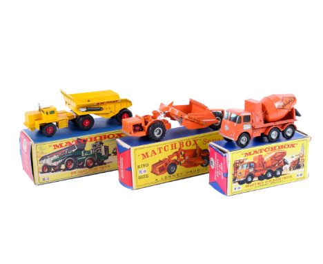 Three Matchbox diecast models. Comprising a K-13 Ready-Mix Concrete Truck, orange body and silver wheels, K-6 Allis-Chalmers 