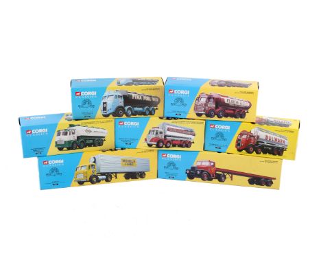 Seven boxed Corgi commercial diecast vehicles. Comprising Michelin Leyland Beaver Box Trailer Set, 24701, Arrow Bulk Carriers